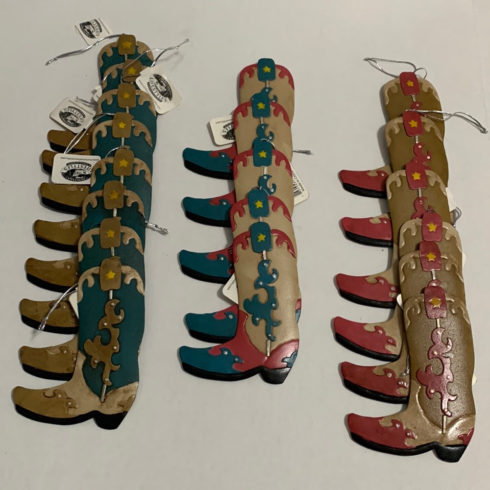 Cowboy Boot Ornaments. Tan, Blue, Red. 19 Total available